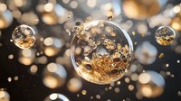 Magical floating spheres with golden liquid and bubbles against dark background create dreamy atmosphere for luxury product advertising and festive designs.