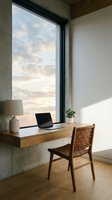Modern workspace with wooden desk, woven chair, and laptop overlooking dramatic sunset sky through floor-to-ceiling window, ideal for remote work and office design projects.