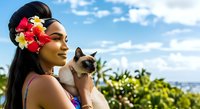 Young woman with dark skin tone and long black hair wearing red and yellow flowers in her hair, holding a Siamese cat outdoors in tropical garden setting with blue sky.