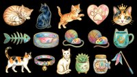 Cute cats and pet supplies collection isolated on transparent background, ready for t-shirt designs, stickers, clipart, print-on-demand products and sublimation projects.
