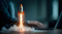 Orange rocket launching with bright flame and smoke effect against dark background, dramatic lighting creates mystical atmosphere for business concept visualization.