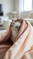 Adorable ragdoll kitten with blue eyes wrapped in soft peach blanket at home. Cozy pet care and comfort concept for animal lovers and veterinary use.