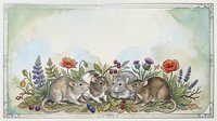 Adorable family of mice nestled among wildflowers and herbs in watercolor style with vintage decorative border for greeting cards and nursery decor.