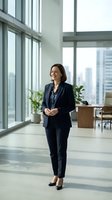 Confident middle-aged businesswoman in navy suit standing in modern office with city skyline view through floor-to-ceiling windows for corporate presentations.