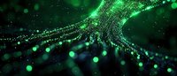 Abstract green digital network visualization with glowing particles and connection lines against dark background for technology, data, or cybersecurity concepts.