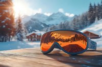 Ski goggles with orange lenses reflecting snowy mountains at sunset, wooden chalets in background against alpine winter landscape.