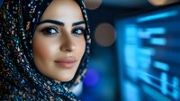 Young Middle Eastern woman wearing elegant black hijab with sparkling details in modern tech environment with blue digital lighting and bokeh effects.
