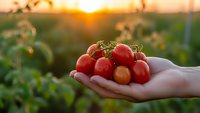 Fresh ripe cherry tomatoes in cupped hands at sunset in organic garden. Harvest time concept for healthy eating and sustainable agriculture.