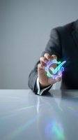 Businessman in formal suit holding glowing neon checkmark symbol, representing approval, quality assurance, and digital validation for business and technology concepts.