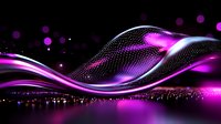 Glowing purple wave pattern with luminous dots and particles creating dynamic motion effect against dark background. Modern abstract design for technology concepts.