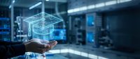 Hand holding holographic graduation cap in modern data center representing digital education technology and online learning innovation in corporate environment.