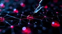 Glowing red network connections on dark background with bokeh lights and injection needle, representing digital healthcare and medical technology advancement.