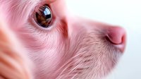 Close-up portrait of adorable pink-toned puppy with expressive brown eyes and soft fur texture for pet care and animal lover designs.