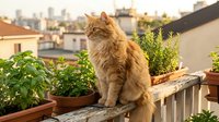 Ginger tabby cat sitting on urban rooftop railing surrounded by potted plants and cityscape background. Domestic pet enjoying outdoor space.