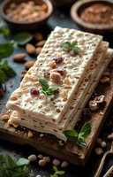 White chocolate bars with nuts and dried cranberries garnished with fresh mint leaves on wooden board. Close up view of artisanal confectionery.