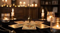 Mystical tarot card reading setup with pendulum and candles creating atmospheric fortune telling scene for spiritual guidance and divination practices.