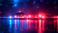 Police car with flashing emergency lights reflected on wet road surface during heavy rain at night, creating dramatic red and blue light reflections.