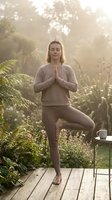 Young Caucasian woman practicing tree pose yoga meditation on wooden deck surrounded by lush green ferns and tropical plants in golden morning sunlight.