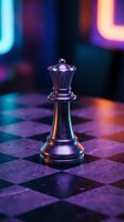 Glass chess queen piece on checkered board with vibrant neon lighting effects creating colorful reflections for strategic gaming concepts.
