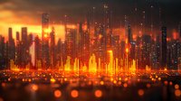 Futuristic cityscape with glowing orange skyscrapers reflecting in water at sunset, illuminated by bright lights and bokeh effects creating magical urban atmosphere.