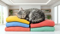 Tabby cat sleeping on stack of colorful folded blankets and towels in bright modern bedroom with shelving and natural light.