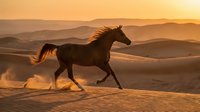 Wild horse galloping through golden desert dunes at sunset with dramatic mountain silhouettes and warm atmospheric lighting creating dust clouds behind.