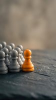 Orange wooden pawn standing out from gray pawns on wooden surface, symbolizing leadership, uniqueness, and competitive advantage for business concepts.