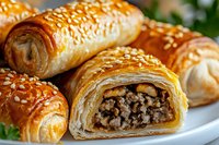 Flaky puff pastry rolls filled with seasoned ground meat and topped with sesame seeds, served on white plate. Close up view shows golden brown layers.