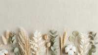 Neutral beige background with dried pampas grass, eucalyptus leaves, cotton flowers and wheat stalks arranged in flat lay composition for natural decor.