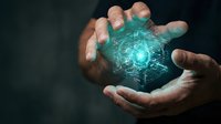 Hands holding glowing digital sphere with circuit patterns and light effects, representing technology, innovation, artificial intelligence, and digital transformation concepts for business and tech design.