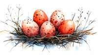 Watercolor speckled coral eggs in rustic nest with delicate twigs and soft blue accents, natural spring composition for seasonal designs and celebrations.