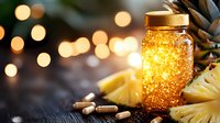 Glowing mason jar with fairy lights surrounded by fresh pineapple slices and supplement capsules on dark background with magical bokeh lights. Wellness concept.