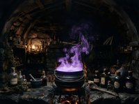 Witch's cauldron with glowing purple potion smoke in dark stone cavern surrounded by mystical bottles and candlelight for fantasy, Halloween, and witchcraft themed projects.