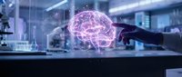 Hand reaching toward glowing pink brain hologram in futuristic laboratory with digital interface elements and scientific equipment background.