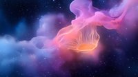 Luminous jellyfish floating in cosmic space amid colorful nebula clouds and stars, glowing with ethereal pink and orange light against deep blue galaxy background.