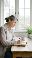 Mature woman writing in journal at wooden desk by window with natural light, peaceful morning routine for mindfulness and reflection.