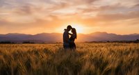 Romantic couple silhouette embracing in golden wheat field at sunset with mountain backdrop, warm lighting for wedding and love concepts.