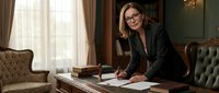 Young professional woman of mixed ethnicity wearing glasses and dark blazer working at wooden desk in elegant office with leather chairs and draped windows.