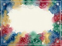 Festive watercolor frame with fireworks, ornamental swirls, and multicolored splashes isolated on white background. Perfect for holiday cards, invitations, and seasonal design projects.