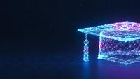 Digital graduation cap made of glowing blue and purple wireframe particles on dark background representing online education and academic achievement.