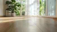 Sunlit wooden floor with natural light streaming through window, creating shadow patterns. Green houseplant and white curtains visible in bright modern interior setting.