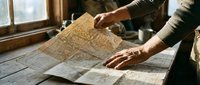 Architect or engineer reviewing vintage maps and blueprints on wooden table with natural window light, planning construction or renovation project.