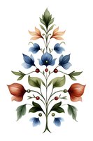 Symmetrical floral arrangement with blue, coral and olive blooms on white background. Delicate botanical composition with berries and leaves. Isolated design for fabric patterns.