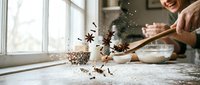 Young woman baking in bright kitchen, flour explosion from wooden spoon mixing bowl, joyful cooking moment with natural window light creating festive atmosphere.