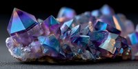 Vibrant purple and blue crystal cluster with iridescent geometric formations on dark background, showcasing natural mineral growth.