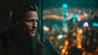 Contemplative middle-aged Caucasian man gazing through rainy window at night cityscape with bokeh lights, creating moody atmospheric portrait.