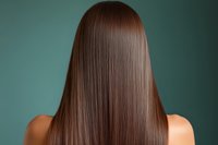 Long straight brown hair from behind on young caucasian woman with bare shoulders against turquoise background showing healthy, smooth, shiny hairstyle.