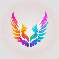 Vibrant rainbow-colored wings spread symmetrically against light background, featuring gradient transitions from pink to purple and yellow to turquoise in modern style.