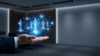 Businessman hand presenting glowing digital justice scales hologram with network connections in modern office environment for legal technology concepts.