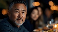 Middle-aged Asian businessman with gray beard in dark sweater at upscale restaurant with warm bokeh lighting and blurred diners in background.